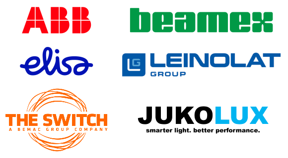 Logos: ABB, Beamex, Elisa, Leinolat Group, The Switch, Jukolux
