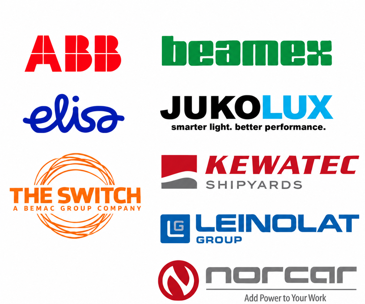 Logos: ABB, Beamex, Elisa, Jukolux, The Switch, Kewatec, Leinolat Group, Norcar